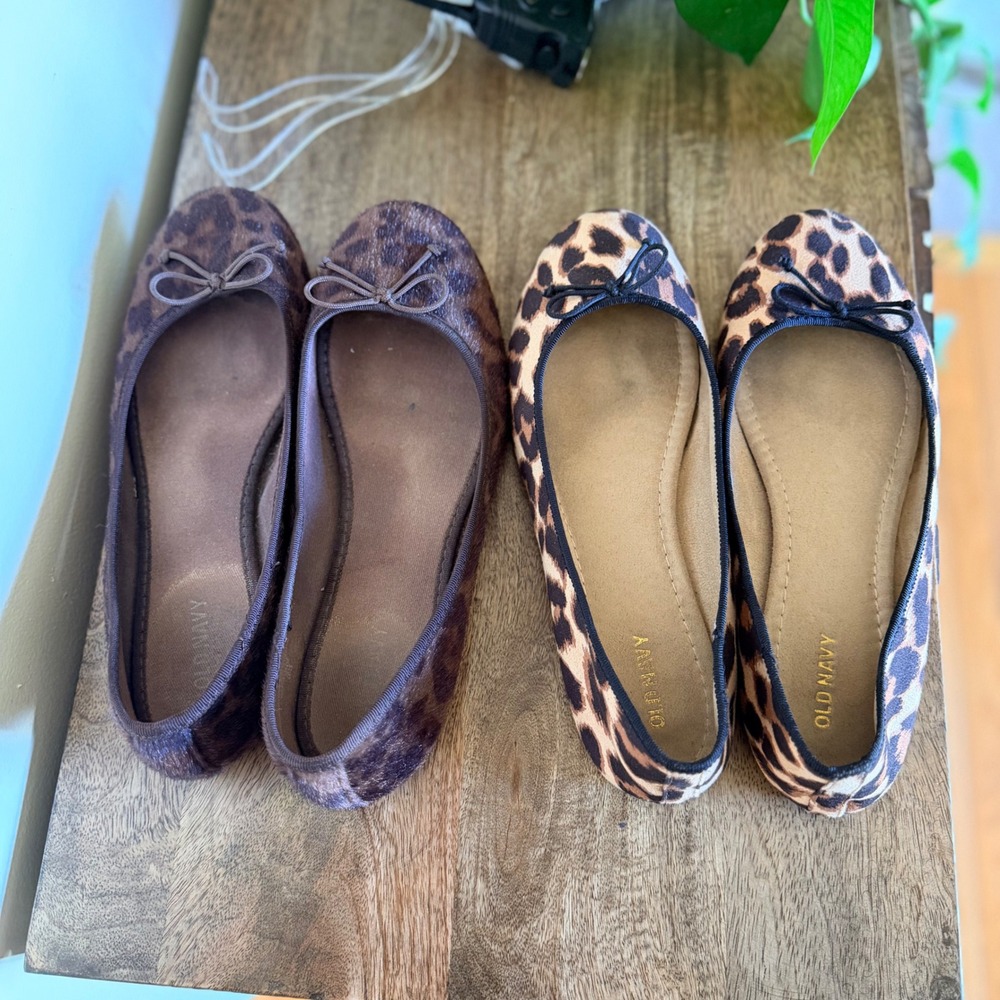 Old Navy Ballet Flats Womens 8 Brown Leopard Print Bundle 2 Pairs Bow Accents - Picture 10 of 15
